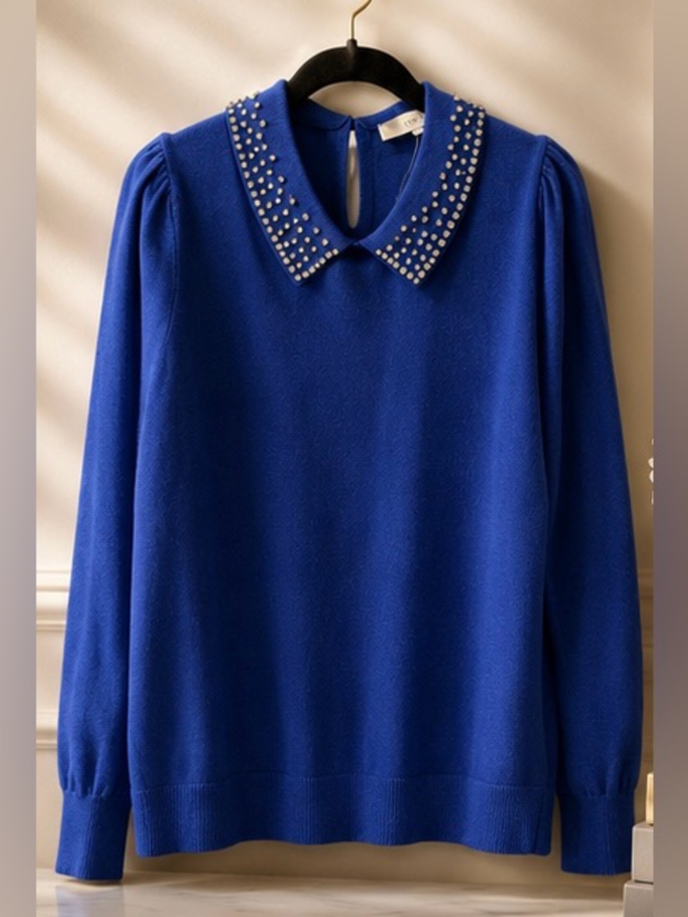 NWT Loft Rhinestone Collar Sweater XL Cobalt Blue Puff Sleeve Knit
